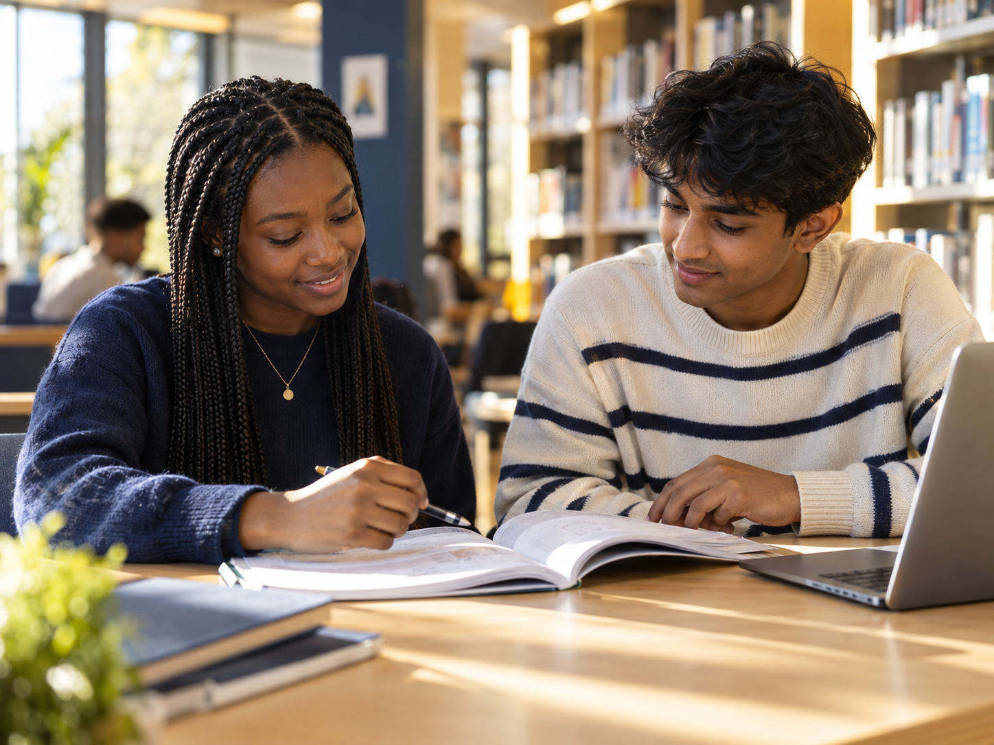 Two students working together with a notebook and laptop in a sunlit library