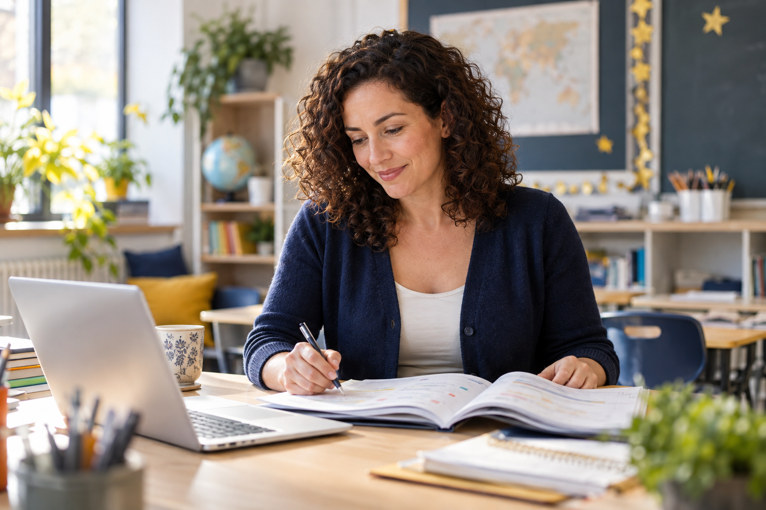 A teacher preparing resources at a classroom desk